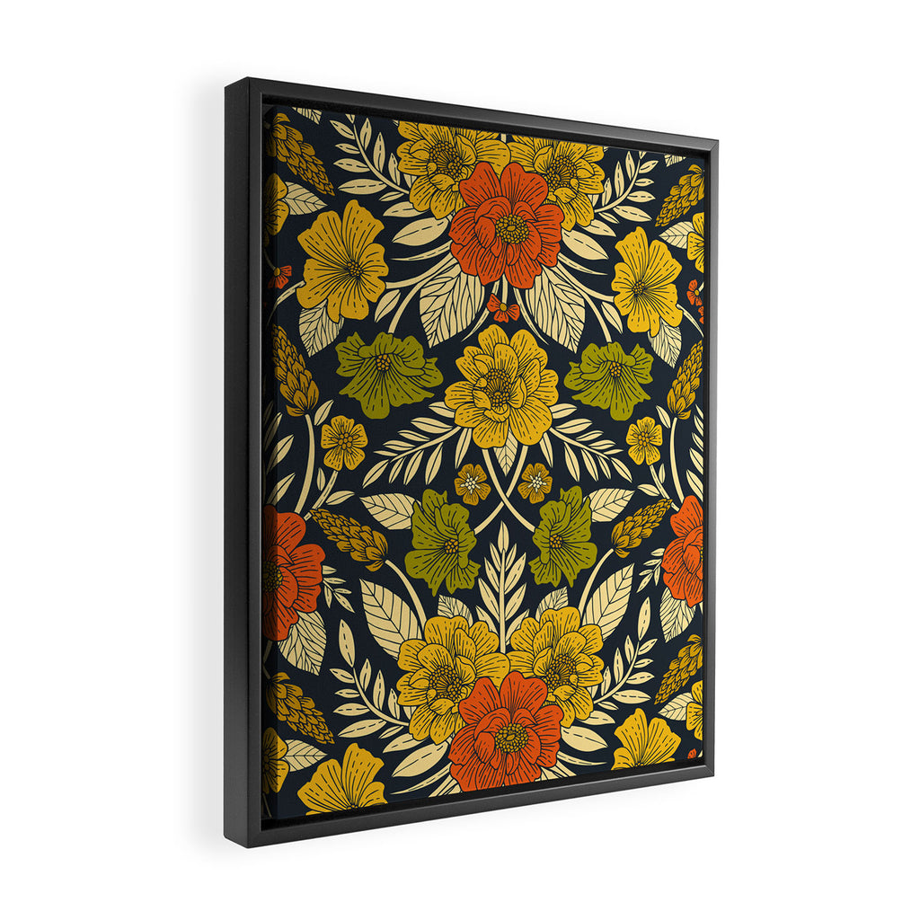Modern Floral Pattern in Orange, Yellow, Green & Navy Framed Canvas Print Gallery Image 2
