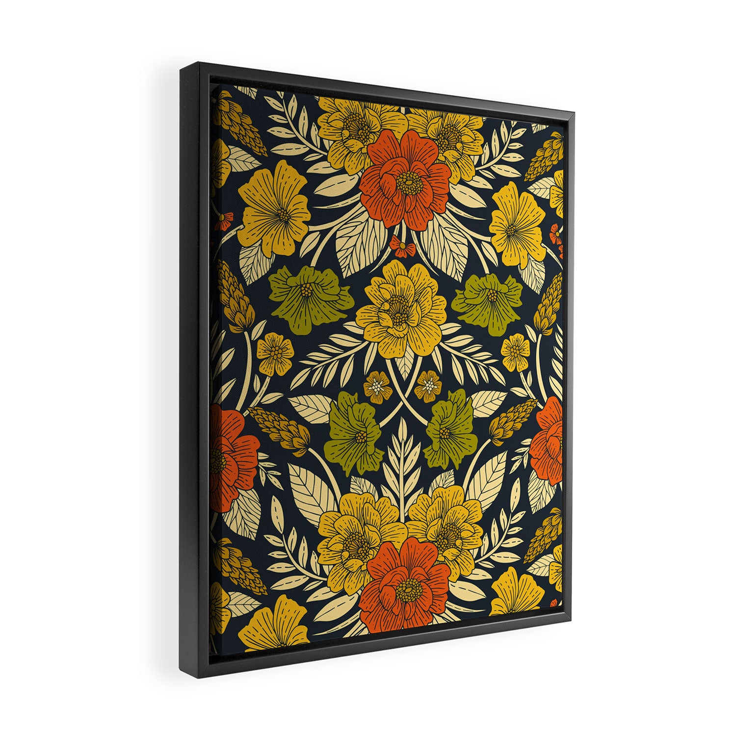 Modern Floral Pattern in Orange, Yellow, Green & Navy Framed Canvas Print Gallery Image 2