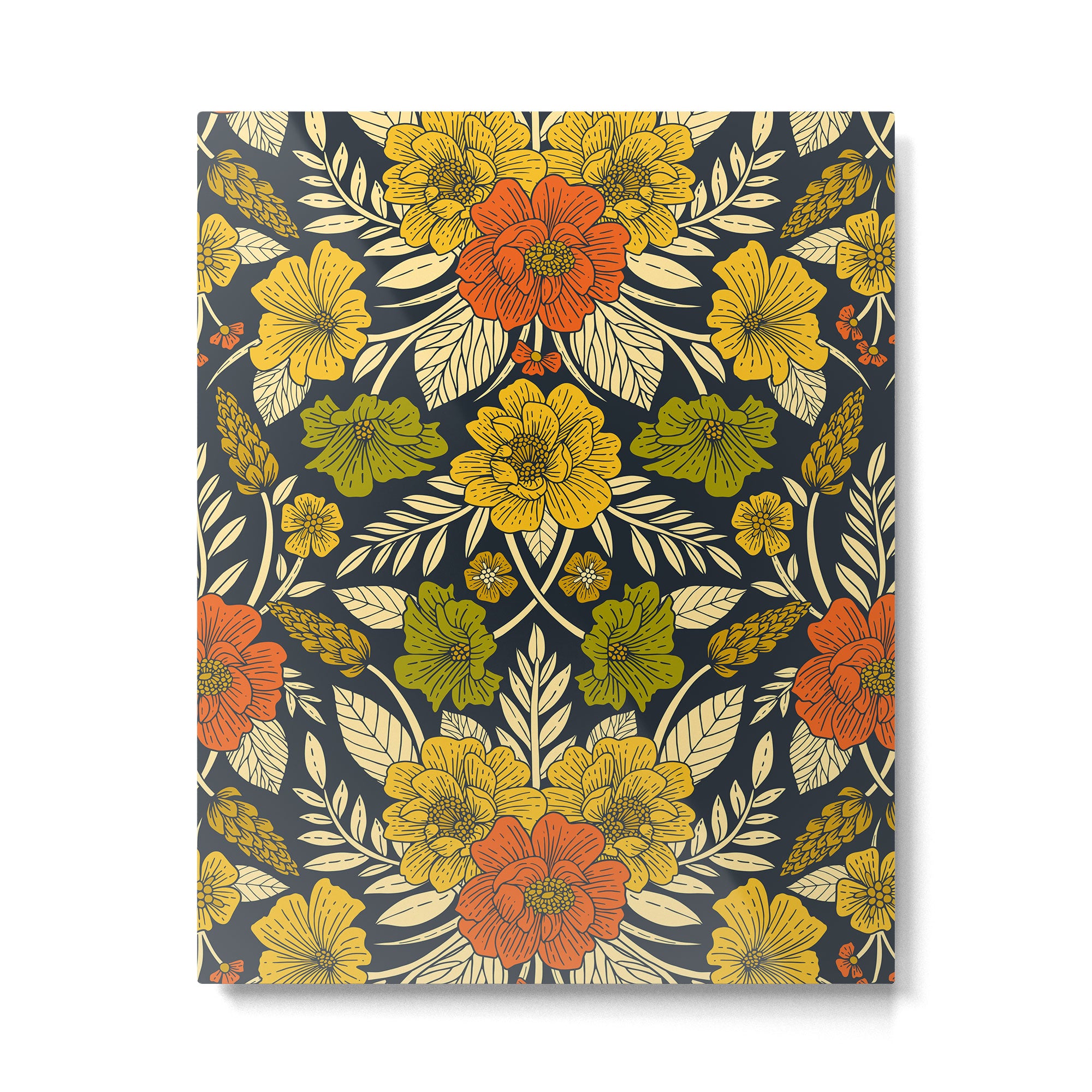 Modern Floral Pattern in Orange, Yellow, Green & Navy Metal Print Gallery Image 6