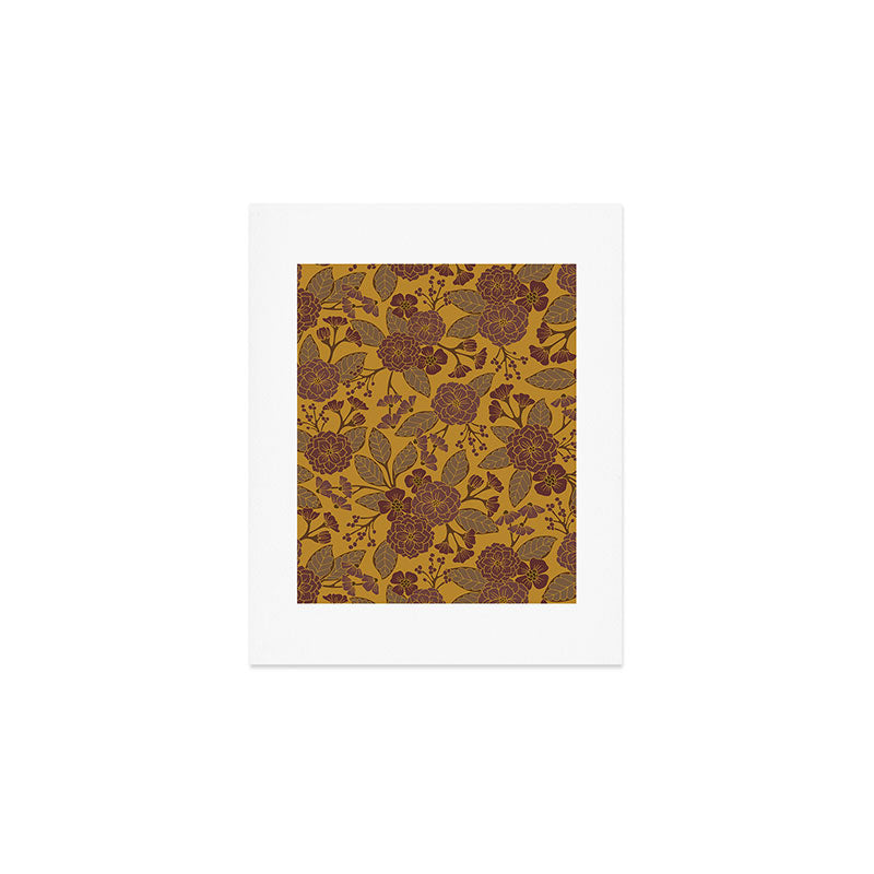 Mustard Yellow, Brown, Raisin, Taupe & Mauve Floral Pattern Art Print Gallery Image 1