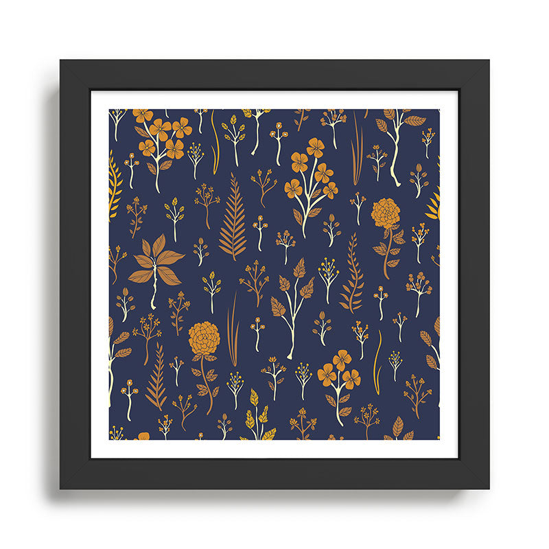 Navy Blue & Mustard Yellow Floral Pattern Framed Art Print Gallery Image 1