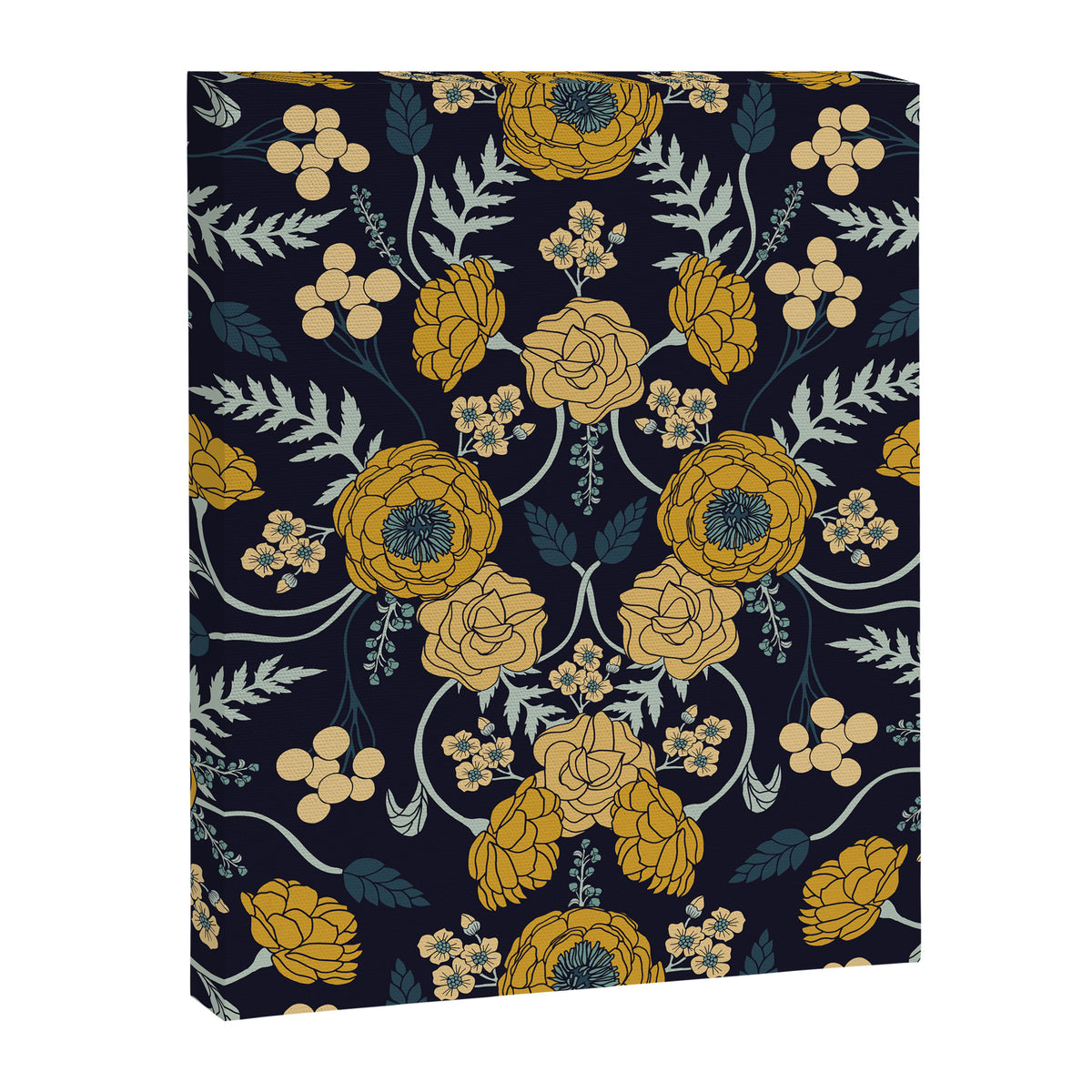 Navy Blue, Turquoise, Cream & Mustard Yellow Dark Floral Pattern Canvas Print Gallery Image 8
