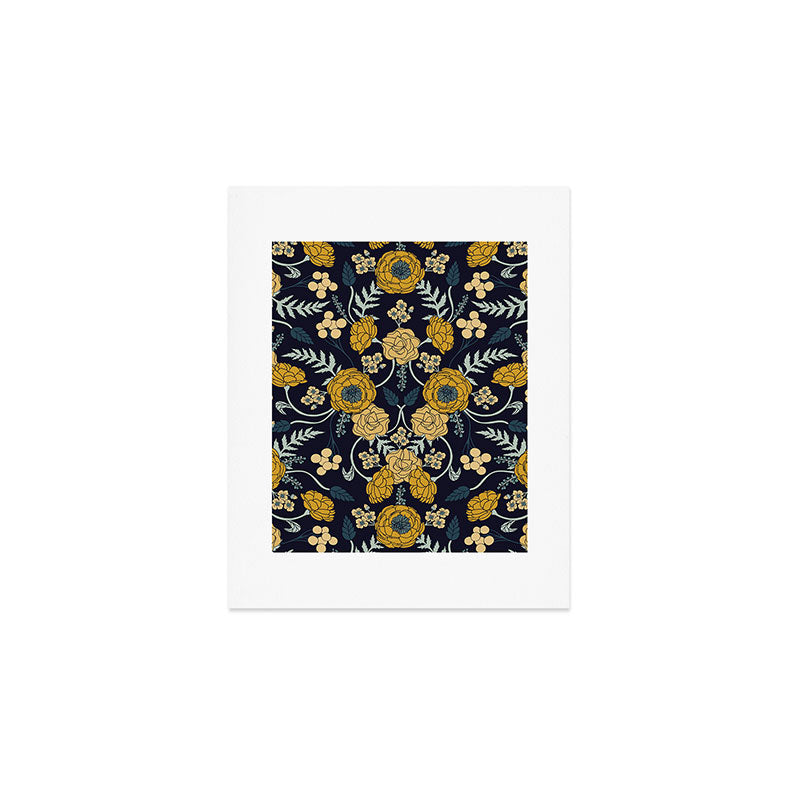 Navy Blue, Turquoise, Cream & Mustard Yellow Dark Floral Pattern Art Print Gallery Image 1