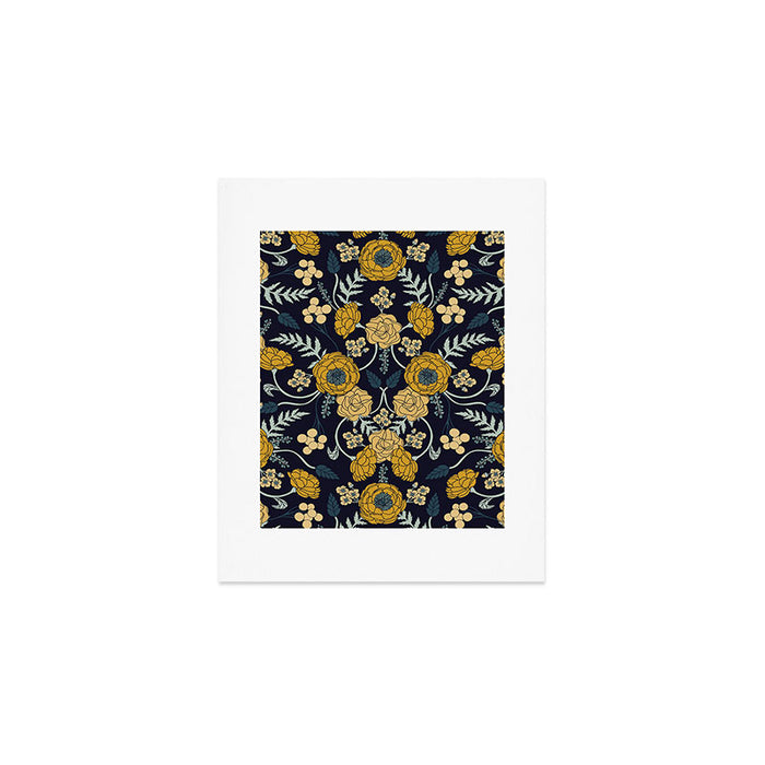 Navy Blue, Turquoise, Cream & Mustard Yellow Dark Floral Pattern Art Print Gallery Image 1