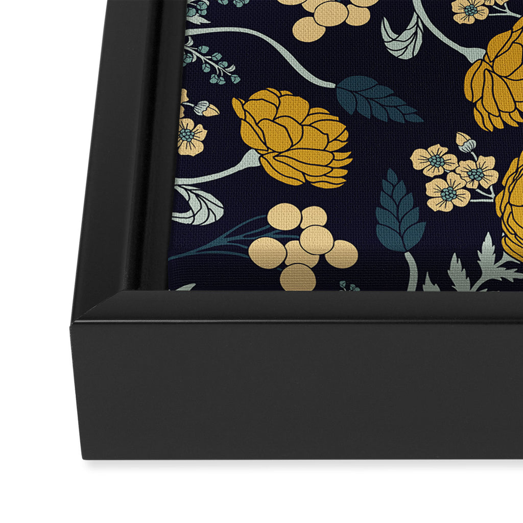 Navy Blue, Turquoise, Cream & Mustard Yellow Dark Floral Pattern Framed Canvas Print Gallery Image 3