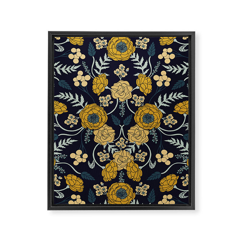 Navy Blue, Turquoise, Cream & Mustard Yellow Dark Floral Pattern Framed Canvas Print Gallery Image 8