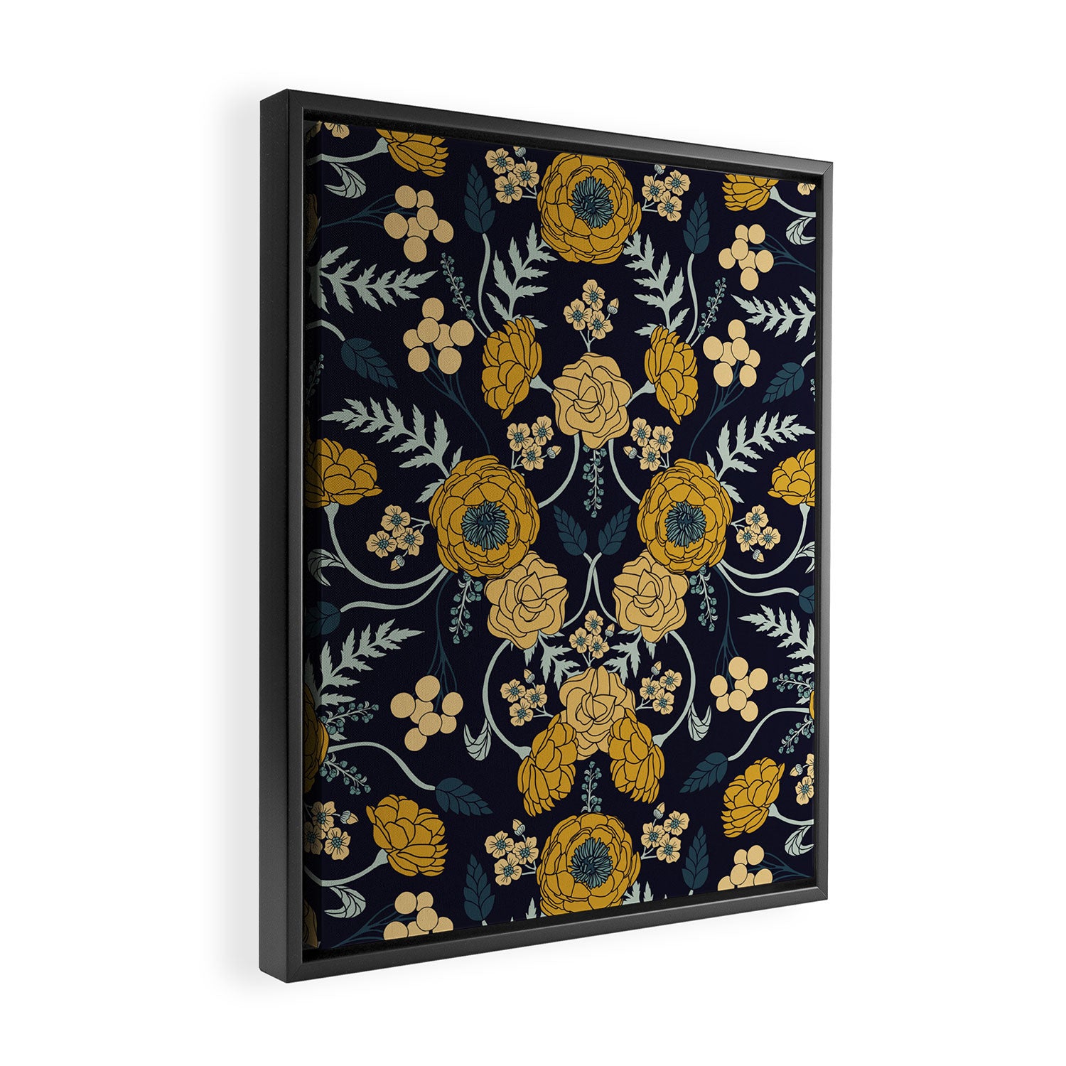 Navy Blue, Turquoise, Cream & Mustard Yellow Dark Floral Pattern Framed Canvas Print Gallery Image 2