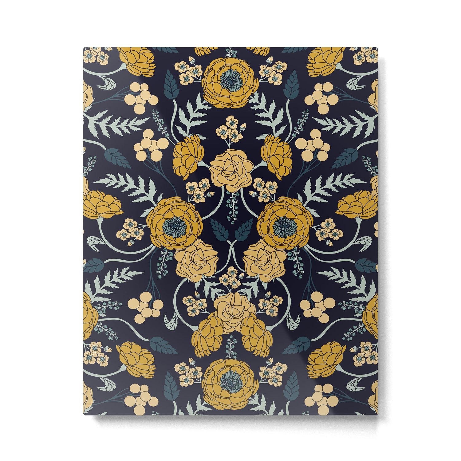 Navy Blue, Turquoise, Cream & Mustard Yellow Dark Floral Pattern Metal Print Gallery Image 6
