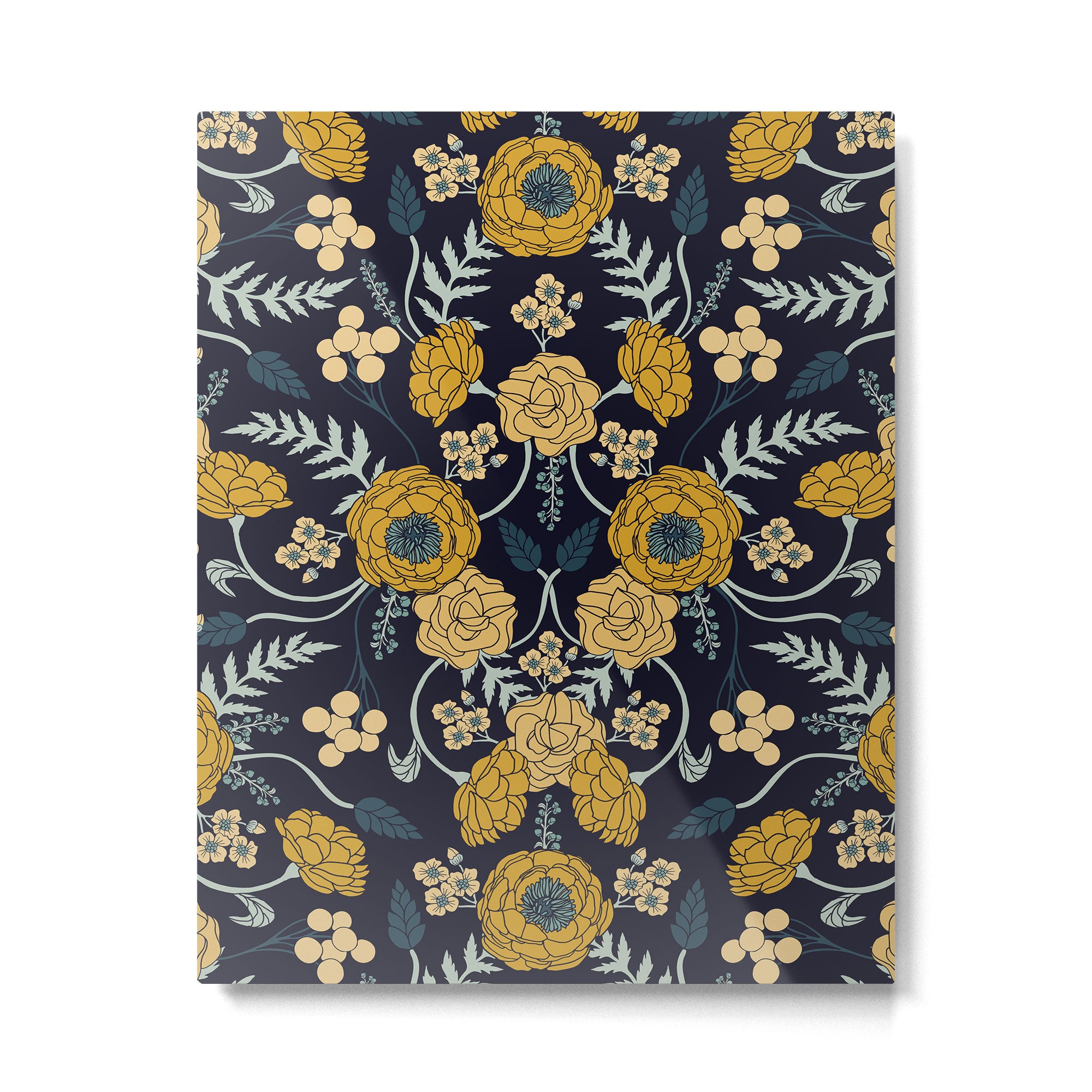 Navy Blue, Turquoise, Cream & Mustard Yellow Dark Floral Pattern Metal Print Gallery Image 6