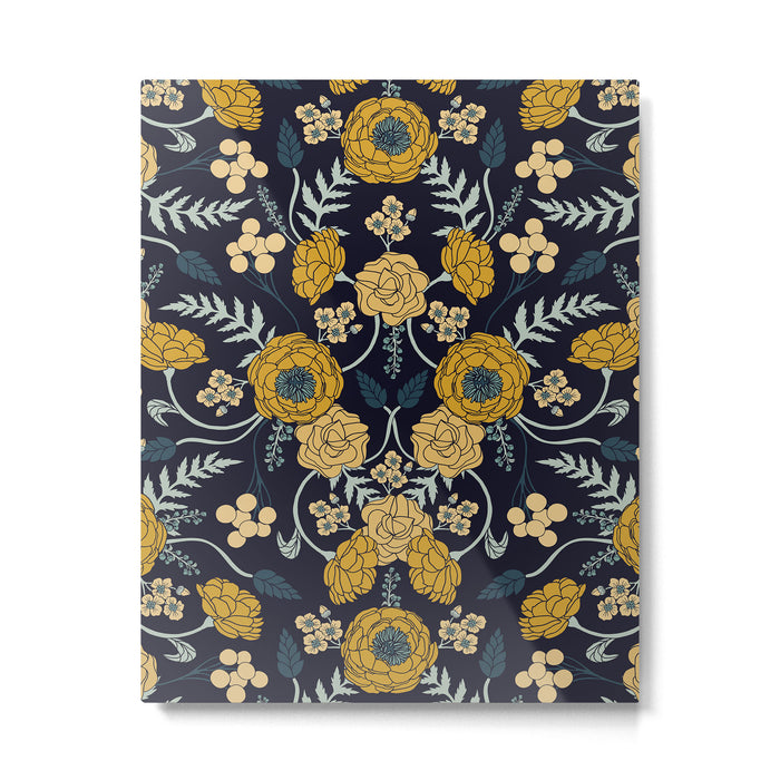 Navy Blue, Turquoise, Cream & Mustard Yellow Dark Floral Pattern Metal Print Gallery Image 1
