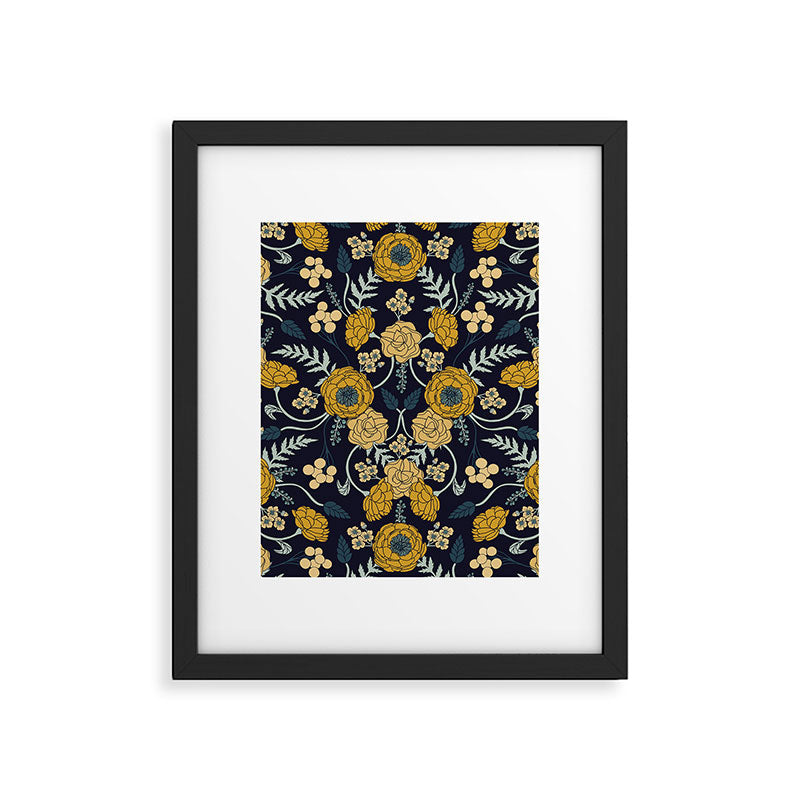 Navy Blue, Turquoise, Cream & Mustard Yellow Dark Floral Pattern Framed Art Print Gallery Image 1
