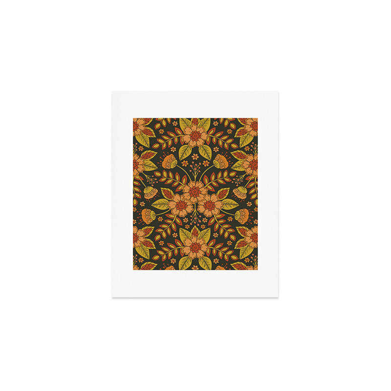 Orange, Peach, Olive Green & Dark Gray Floral Pattern Art Print Gallery Image 1