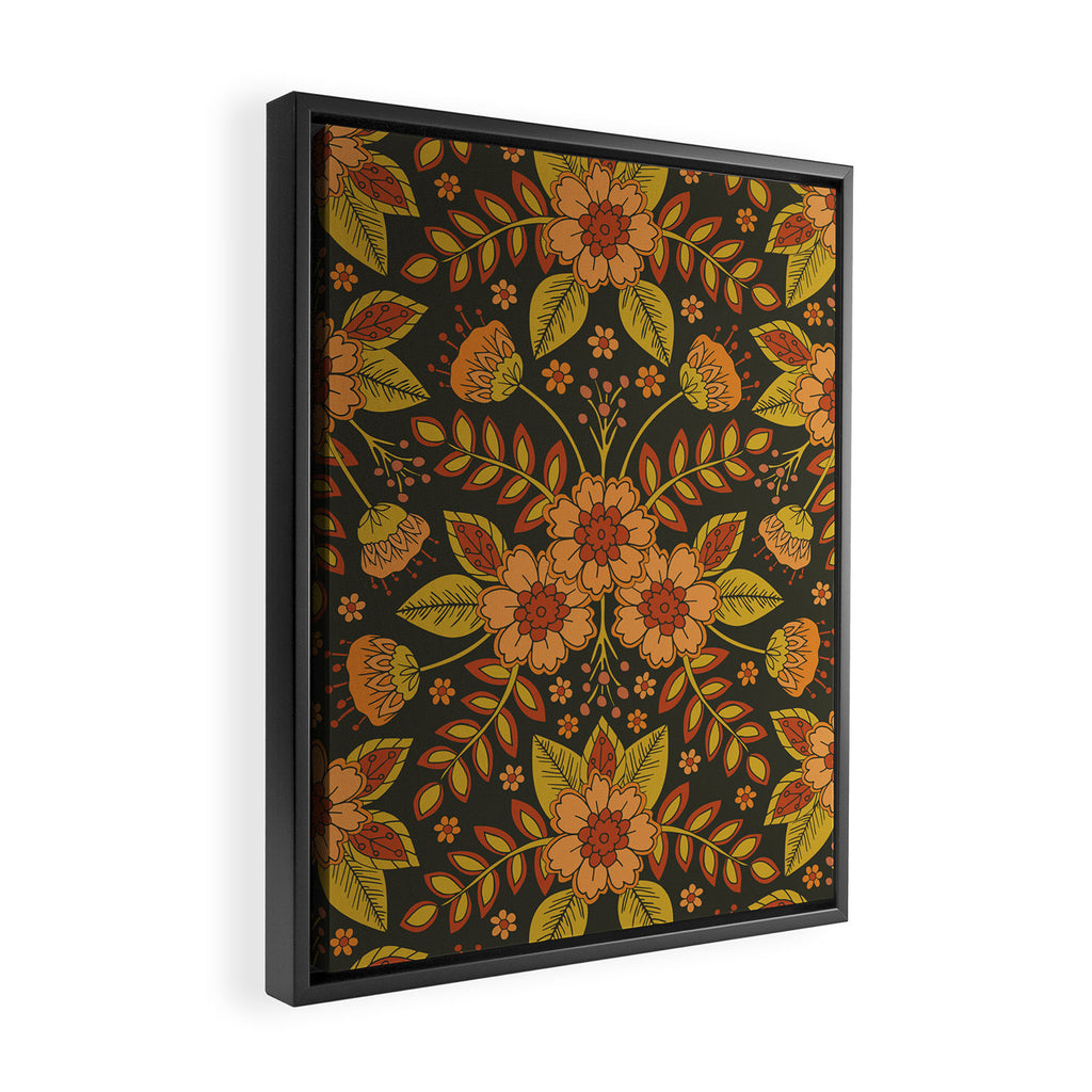 Orange, Peach, Olive Green & Dark Gray Floral Pattern Framed Canvas Print Gallery Image 2