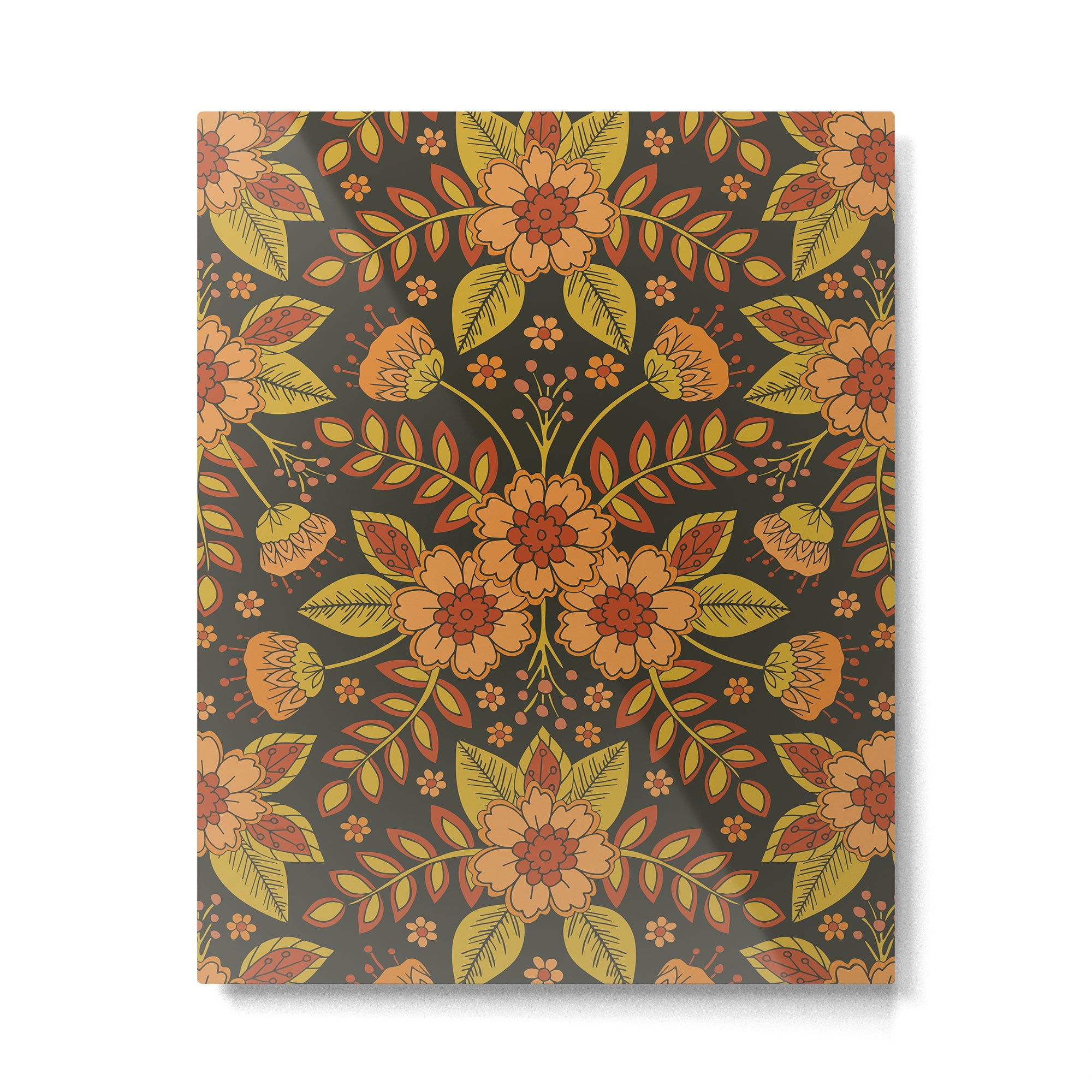 Orange, Peach, Olive Green & Dark Gray Floral Pattern Metal Print Gallery Image 4