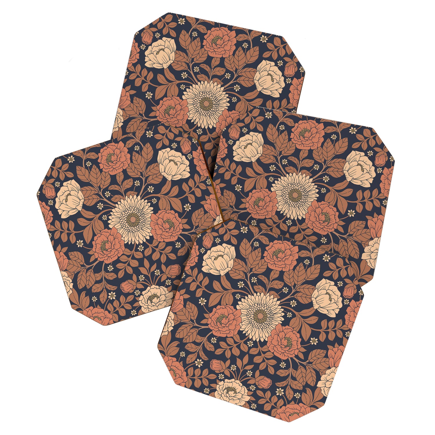 Peach, Dusty Rose, Mauve & Blue-Gray Floral Pattern Coaster Gallery Image 1