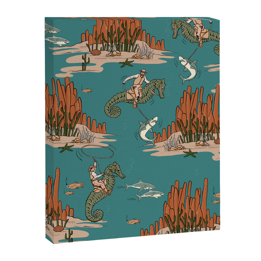 Quirky Western Cowboys on Seahorses Roping Sharks Canvas Print Gallery Image 8