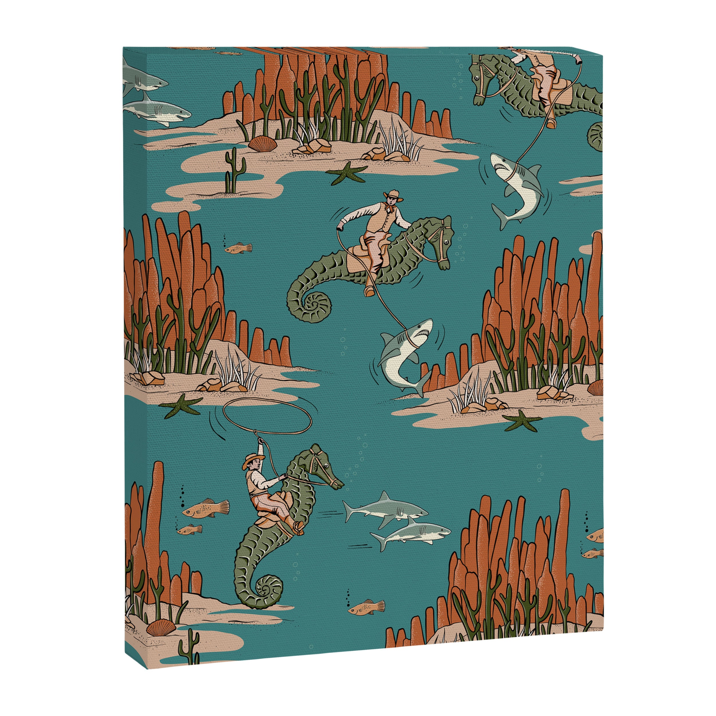 Quirky Western Cowboys on Seahorses Roping Sharks Canvas Print Gallery Image 8