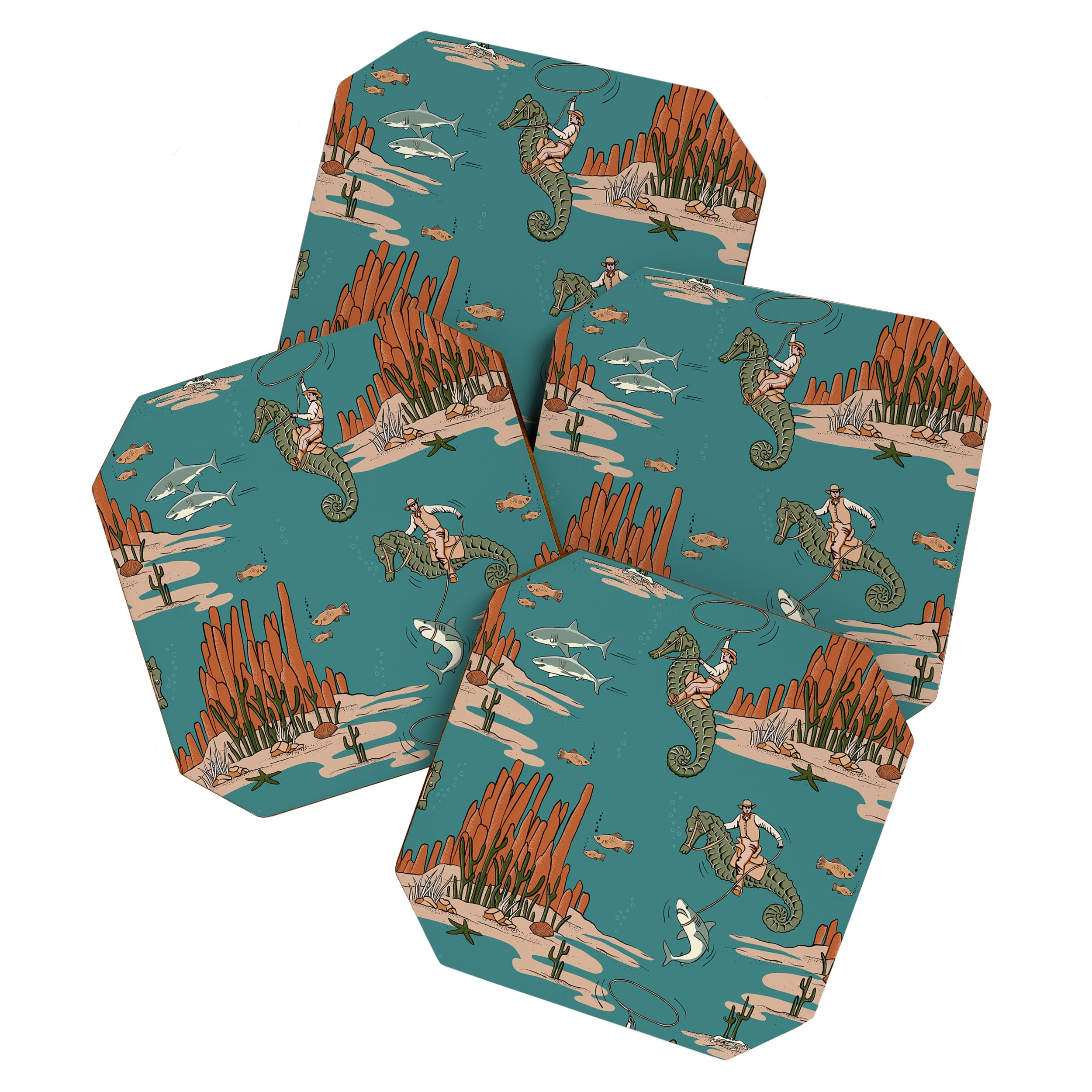 Quirky Western Cowboys on Seahorses Roping Sharks Coaster Gallery Image 1