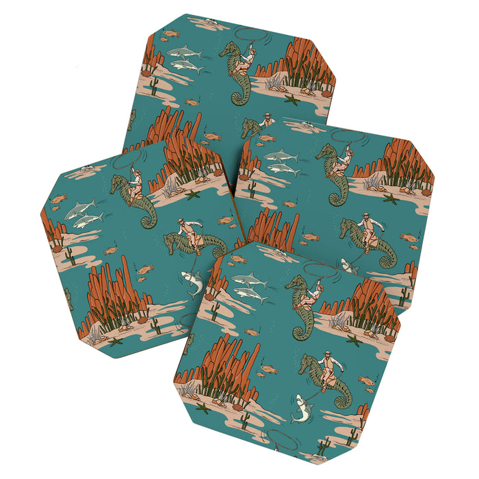 Quirky Western Cowboys on Seahorses Roping Sharks Coaster Gallery Image 1