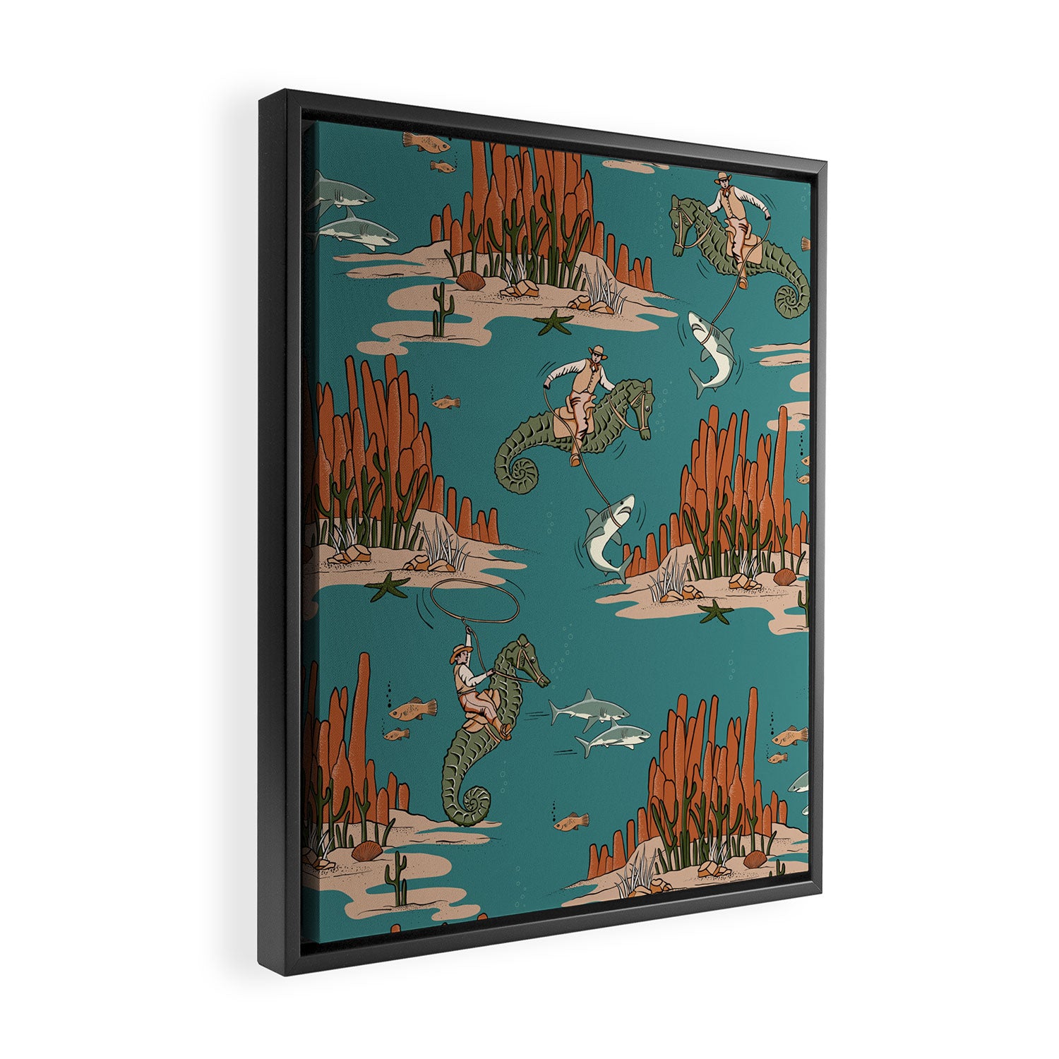 Quirky Western Cowboys on Seahorses Roping Sharks Framed Canvas Print Gallery Image 2