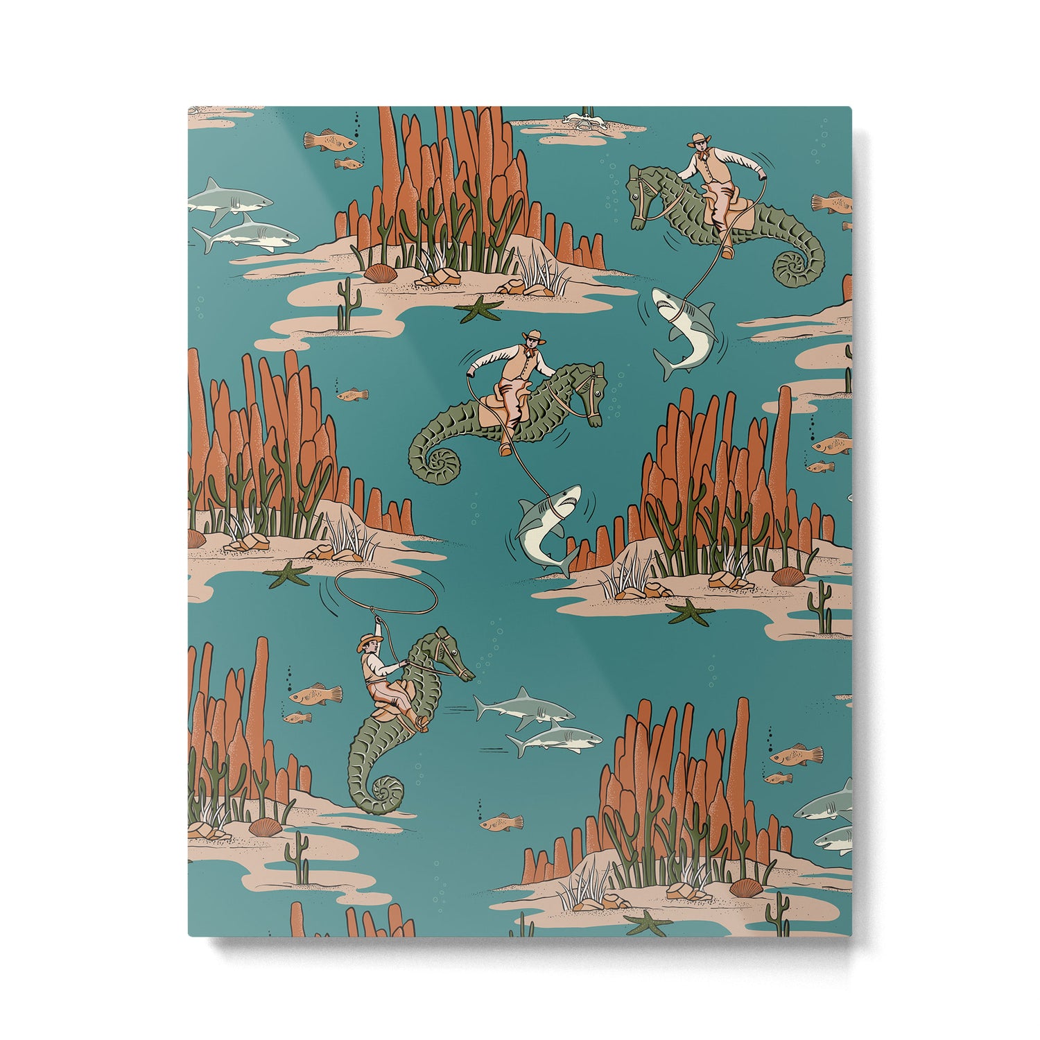 Quirky Western Cowboys on Seahorses Roping Sharks Metal Print Gallery Image 6