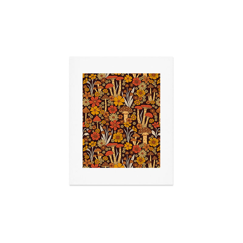 Retro 1970s Brown & Orange Mushrooms & Flowers Art Print Gallery Image 1