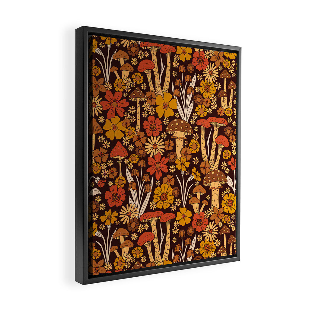 Retro 1970s Brown & Orange Mushrooms & Flowers Framed Canvas Print Gallery Image 2
