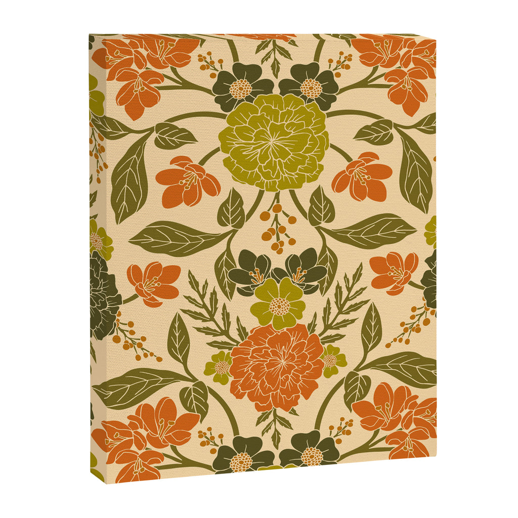 Retro 1970s Floral in Olive Green & Orange Canvas Print Gallery Image 8