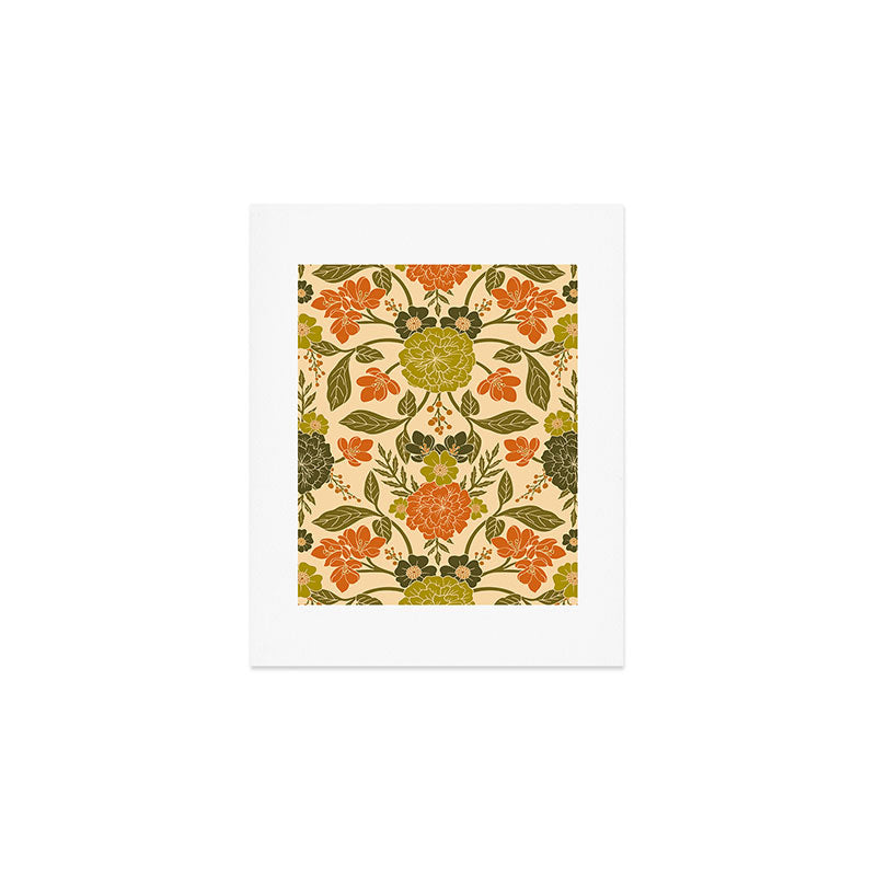 Retro 1970s Floral in Olive Green & Orange Art Print Gallery Image 1