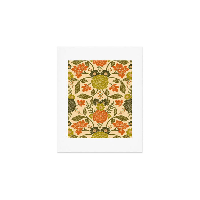 Retro 1970s Floral in Olive Green & Orange Art Print Gallery Image 1