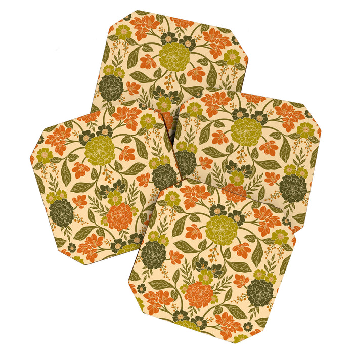 Retro 1970s Floral in Olive Green & Orange Coaster Gallery Image 1