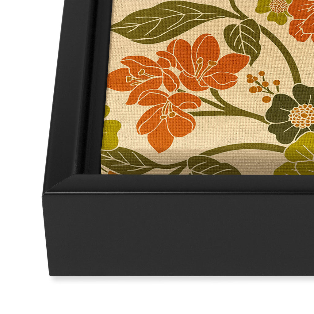 Retro 1970s Floral in Olive Green & Orange Framed Canvas Print Gallery Image 3
