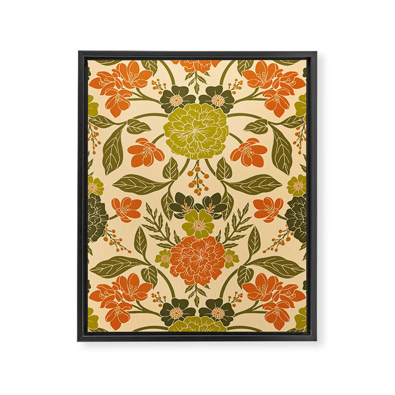 Retro 1970s Floral in Olive Green & Orange Framed Canvas Print Gallery Image 8