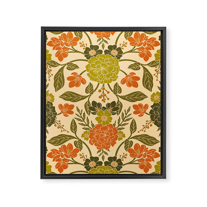 Retro 1970s Floral in Olive Green & Orange Framed Canvas Print Gallery Image 1