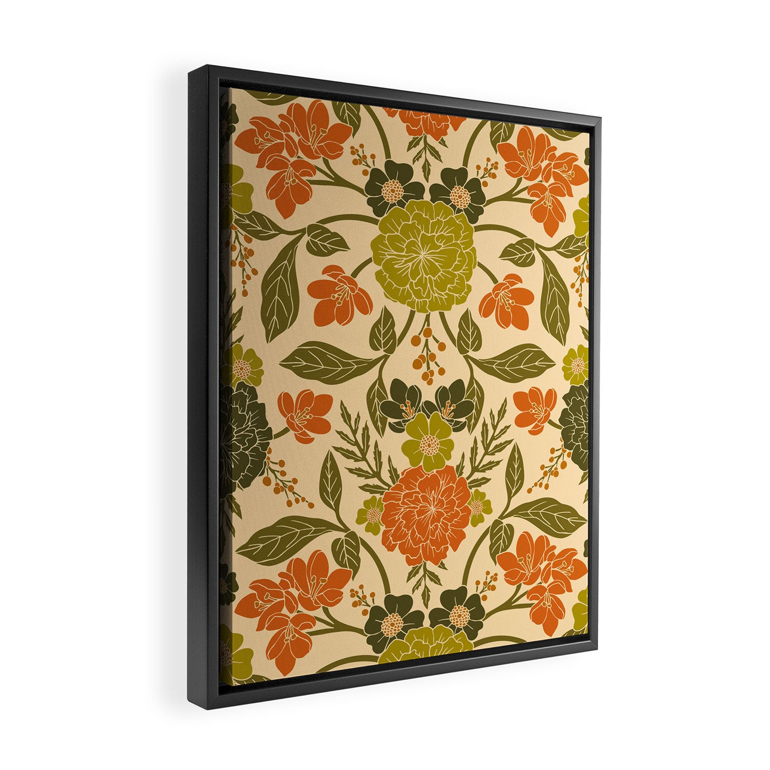 Retro 1970s Floral in Olive Green & Orange Framed Canvas Print Gallery Image 2