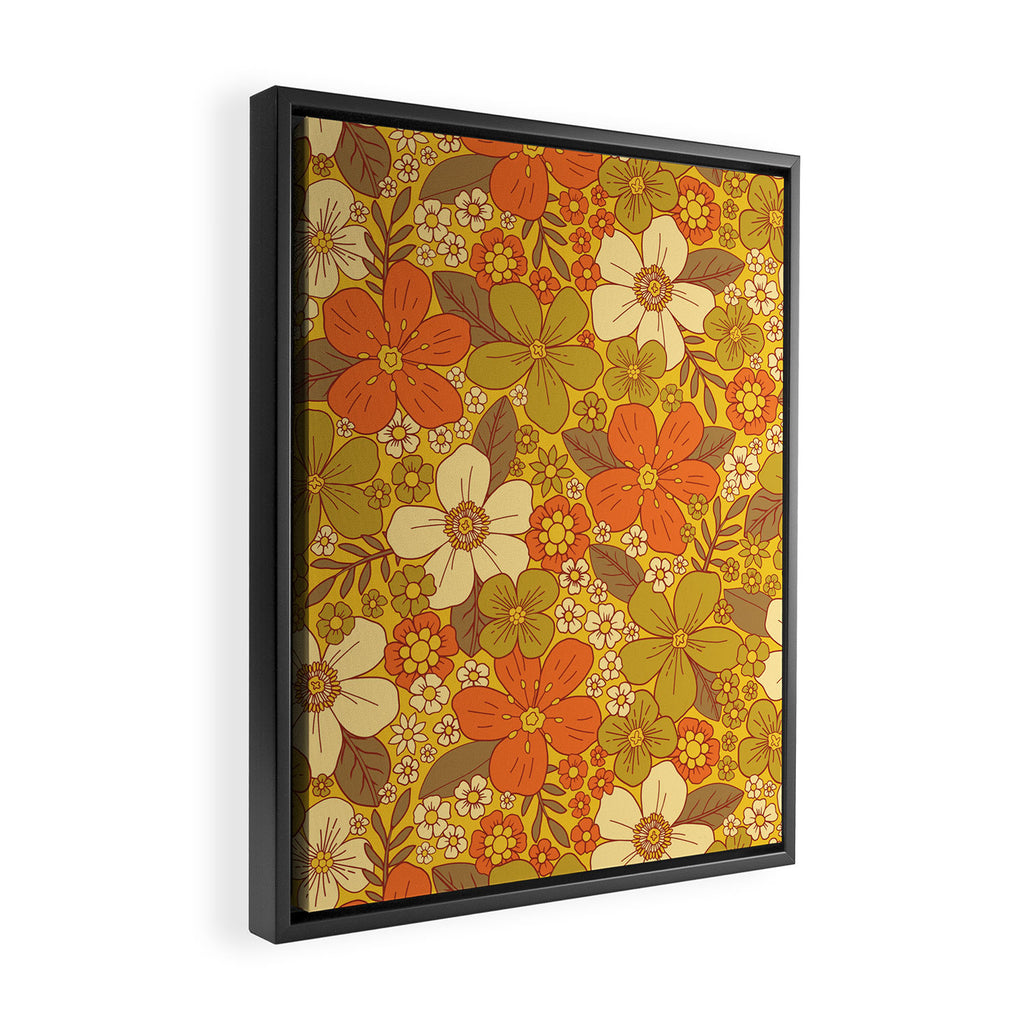 Retro 60s/70s Orange & Olive Green Floral Framed Canvas Print Gallery Image 2