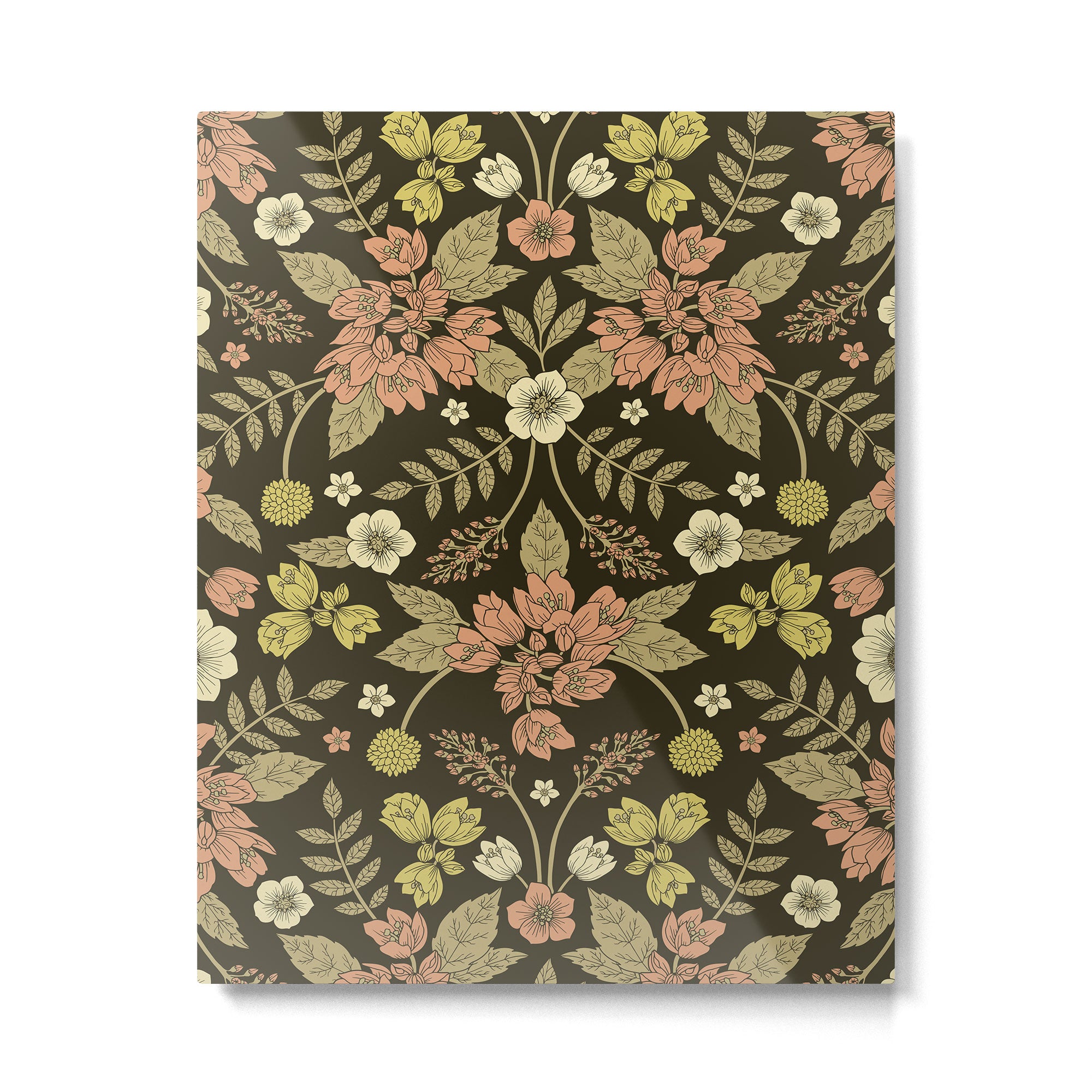 Sage, Dark Green, Peach & Cream Floral Pattern Metal Print Gallery Image 6