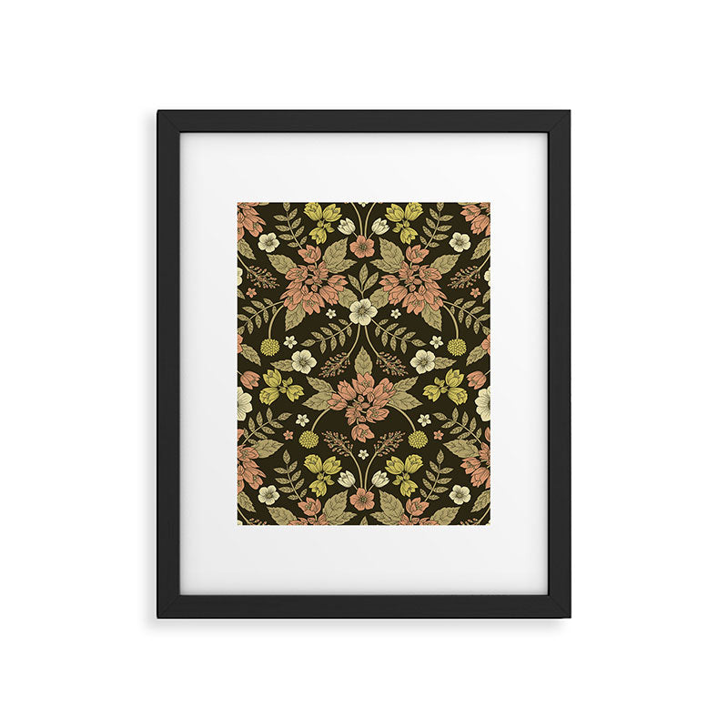 Sage, Dark Green, Peach & Cream Floral Pattern Framed Art Print Gallery Image 6