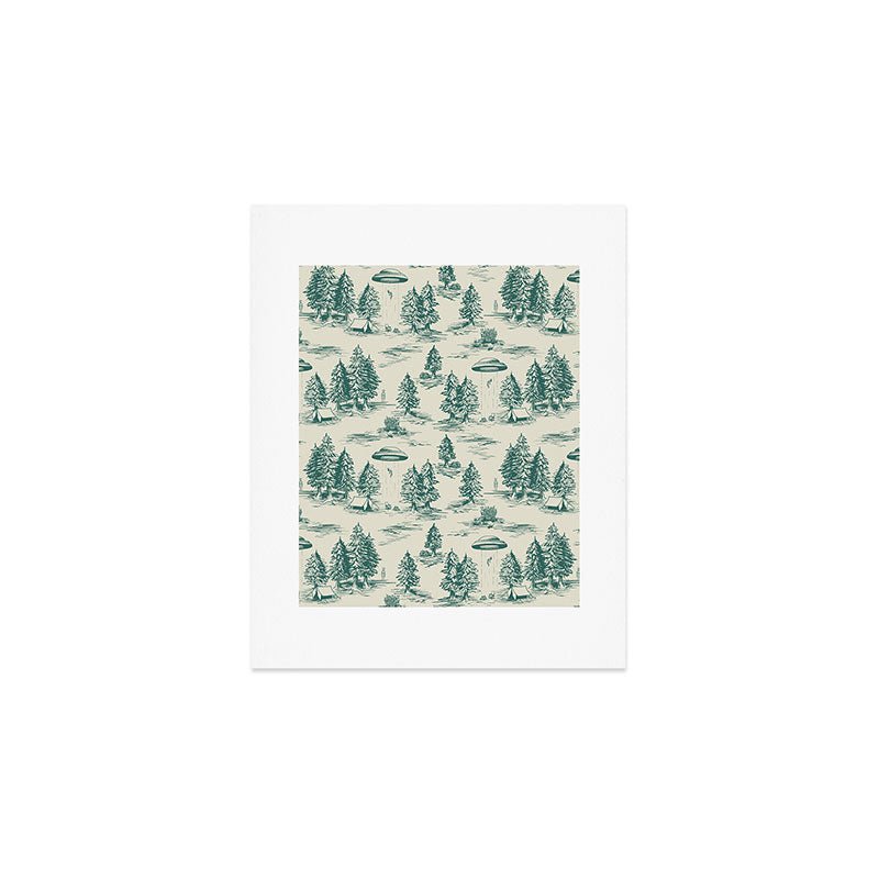 Teal Alien Abduction Toile De Jouy Pattern Art Print Gallery Image 1