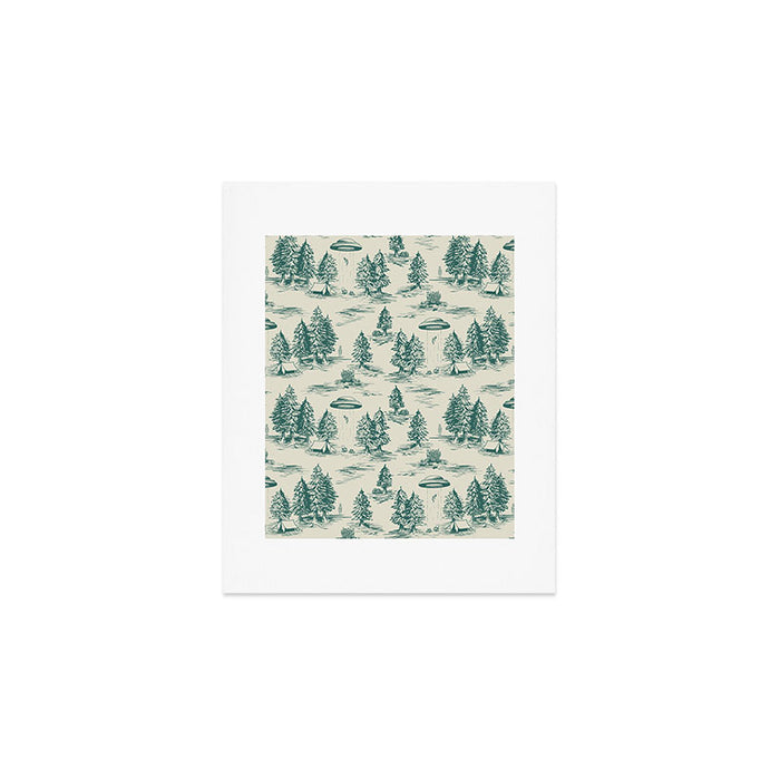 Teal Alien Abduction Toile De Jouy Pattern Art Print Gallery Image 1