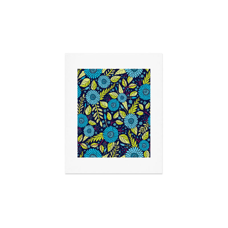 Turquoise Blue, Lime Green, Magenta & Navy Floral Pattern Art Print Gallery Image 1