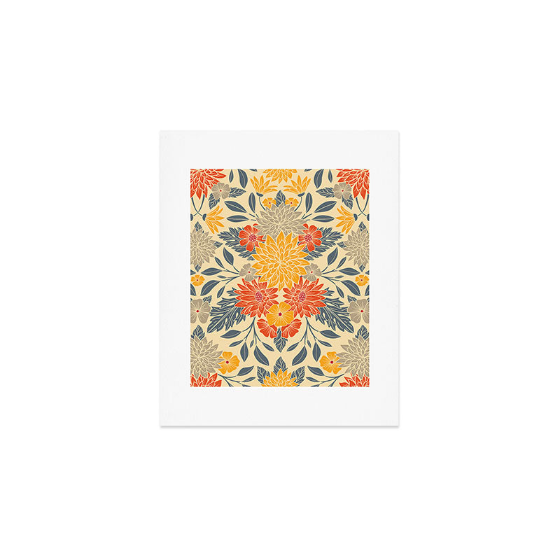 Warm Yellow, Orange & Blue Floral Art Print Gallery Image 1