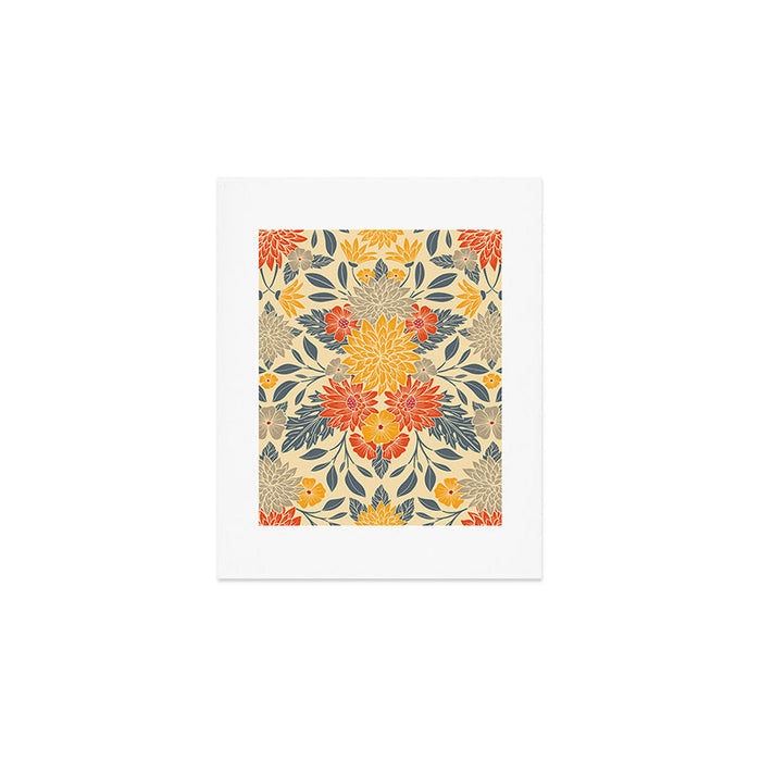 Warm Yellow, Orange & Blue Floral Art Print Gallery Image 1