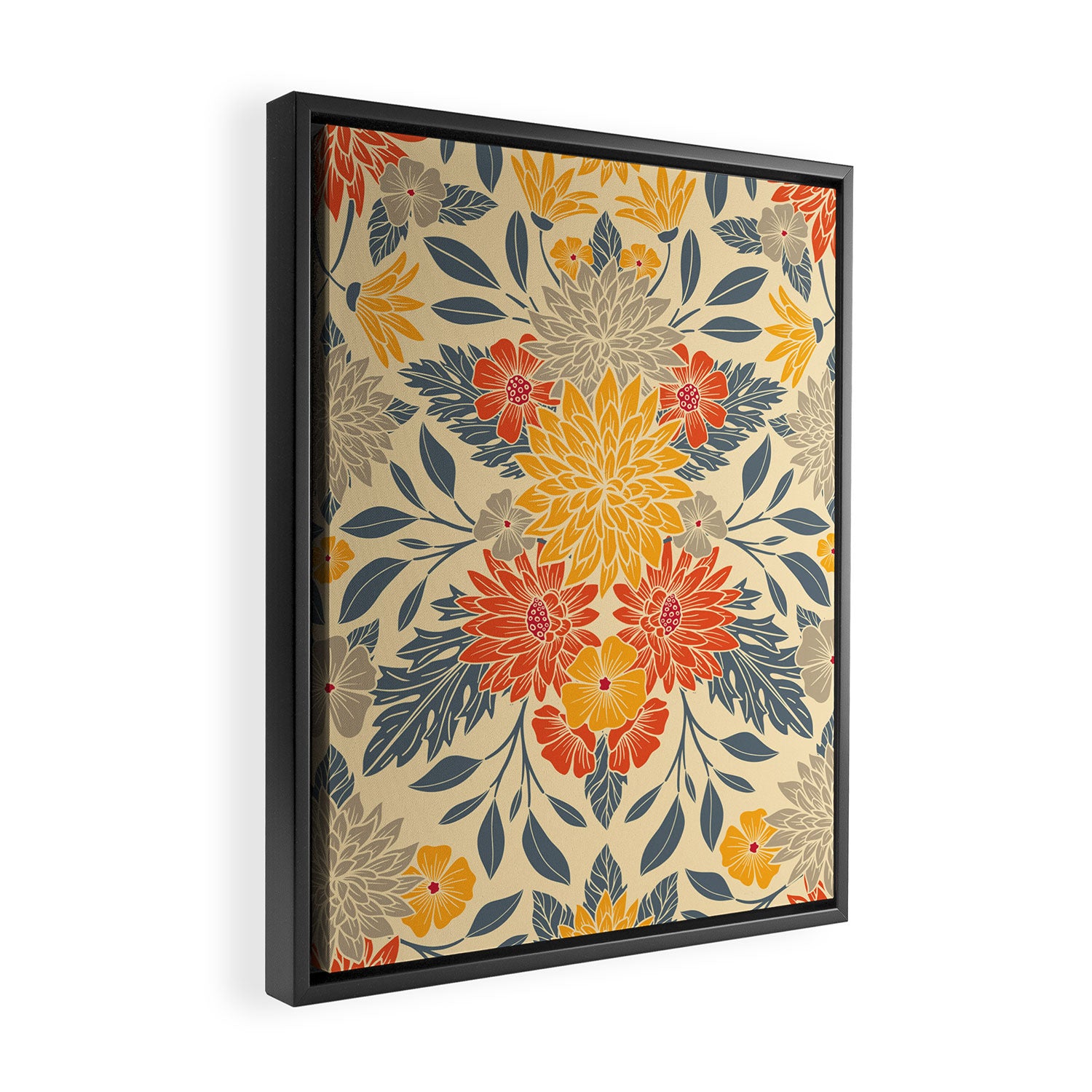 Warm Yellow, Orange & Blue Floral Framed Canvas Print Gallery Image 2