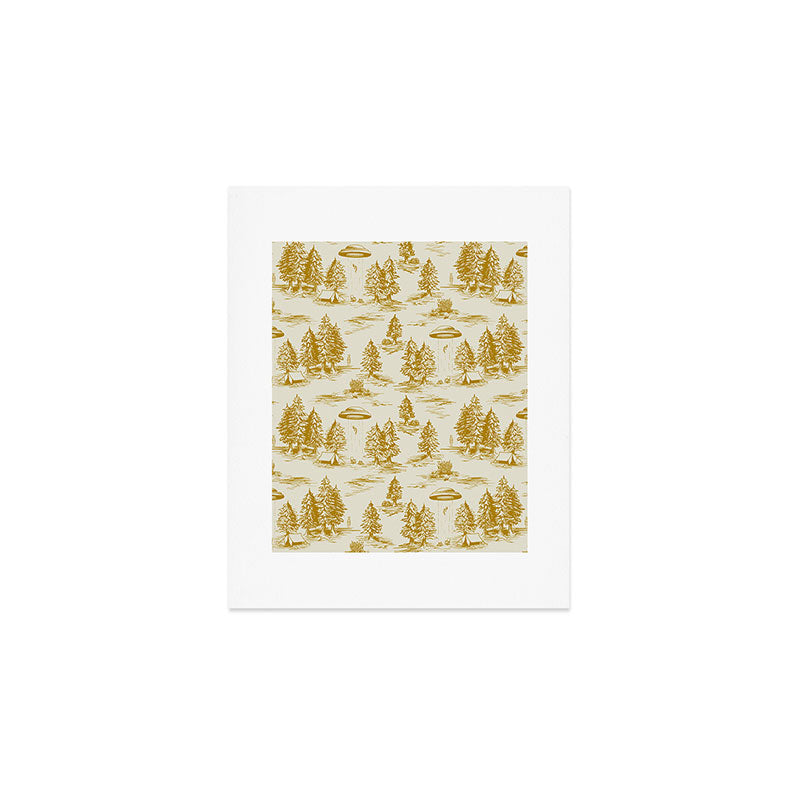 Yellow/Gold Alien Abduction Toile De Jouy Pattern Art Print Gallery Image 1