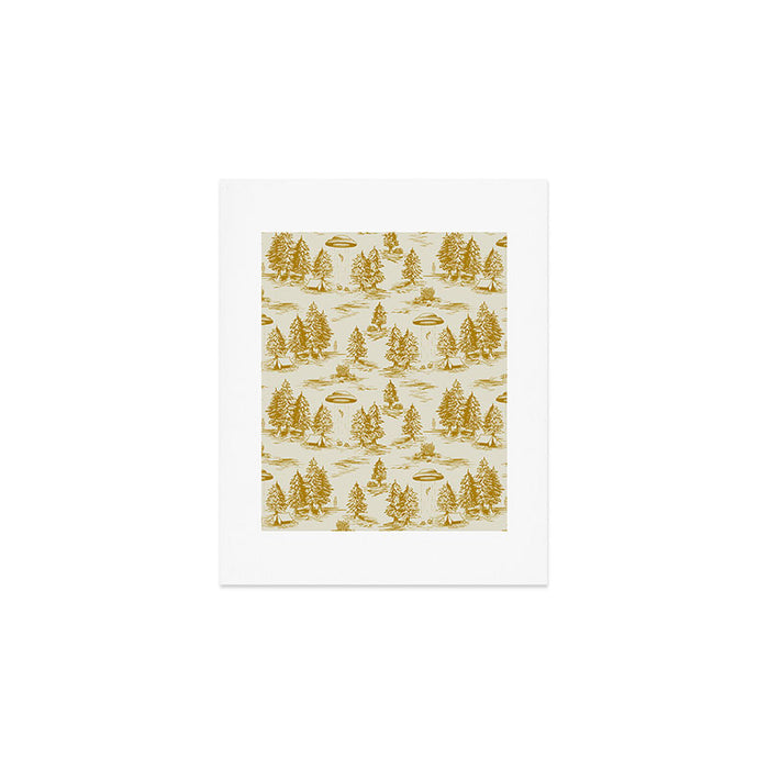 Yellow/Gold Alien Abduction Toile De Jouy Pattern Art Print Gallery Image 1