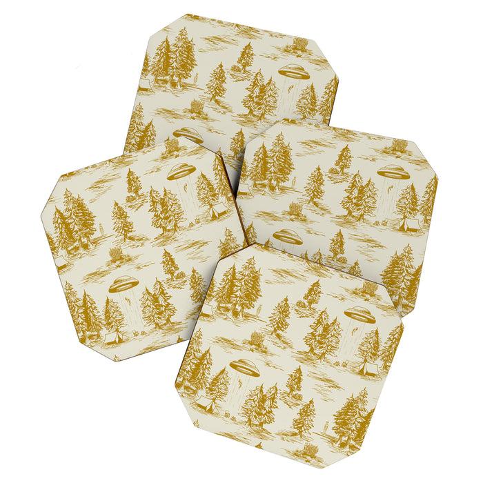 Yellow/Gold Alien Abduction Toile De Jouy Pattern Coaster Gallery Image 1
