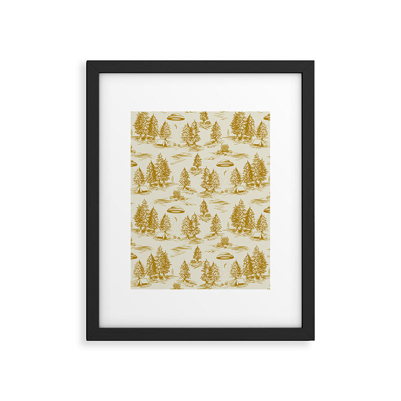 Yellow/Gold Alien Abduction Toile De Jouy Pattern Framed Art Print Gallery Image 4