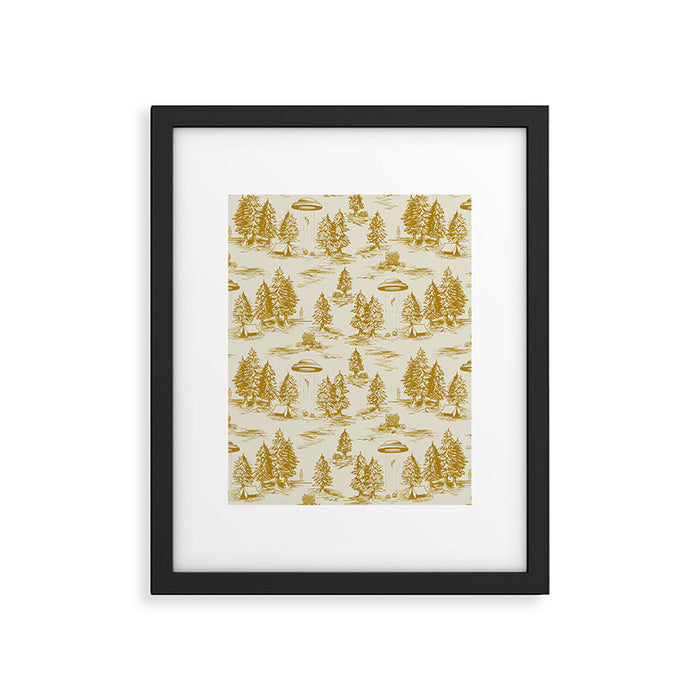 Yellow/Gold Alien Abduction Toile De Jouy Pattern Framed Art Print Gallery Image 1