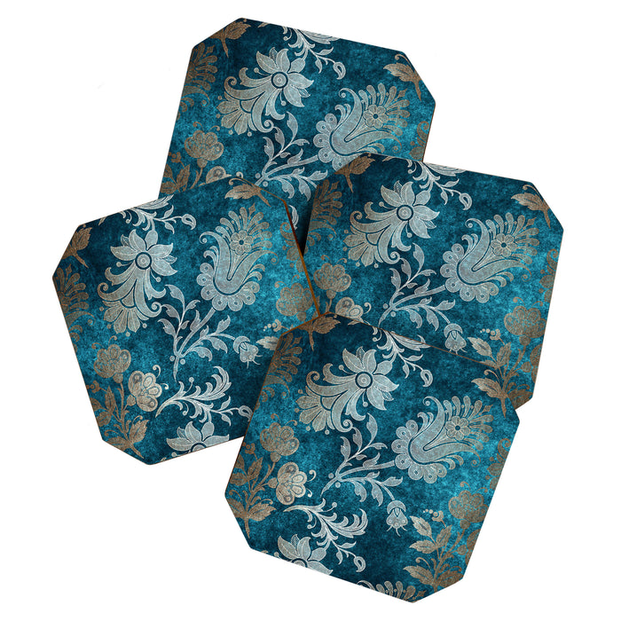 Aqua Teal Vintage Floral Damask Pattern Coaster Gallery Image 1